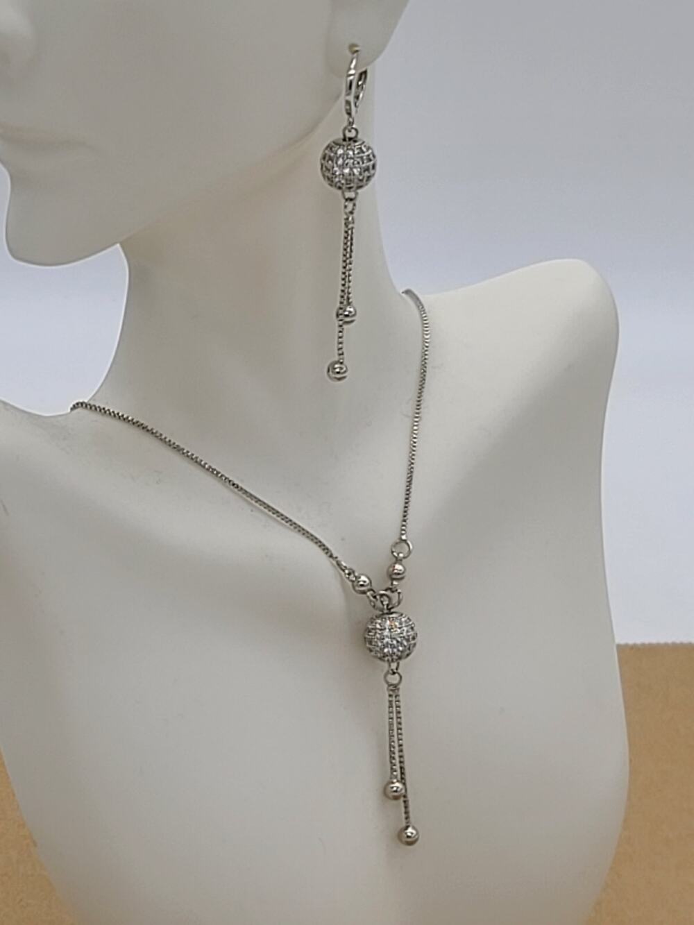 Silver Crystal Pave Disco Ball 2-Chain Drop Necklace & Matching Earrings 17"